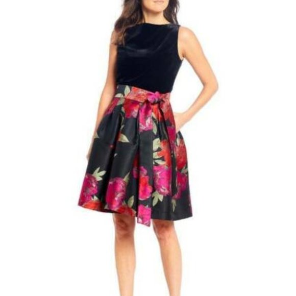 Alex Marie Black Pink Jacquard Velvet Cocktail Dress Pockets Fit & Flare Gown - Picture 2 of 11